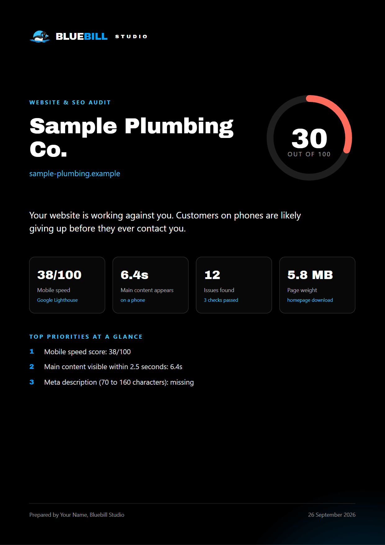 First page of a sample Bluebill Studio website audit report showing an overall score, mobile speed and the top issues